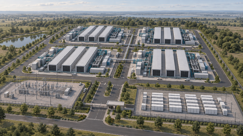 Aerial view of a modular data center campus: rows of rectangular data halls with adjacent cooling plant, an electrical substation, service roads and landscaped grounds.
